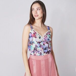 Modern Identity Wide Strap Satin Tank Bodysuit - Floral - Medium